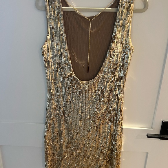 Gold Mini Dress with low back and gold chain detail - Picture 2 of 2